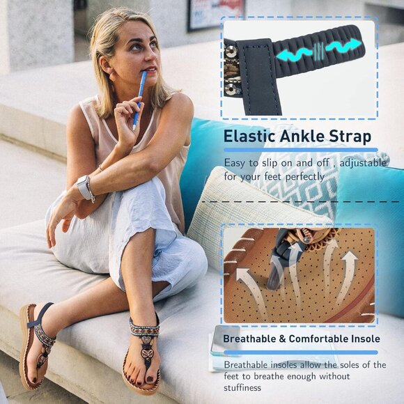 Women Flat Sandals Bohemian Rhinestone Comfort Summer Casual Outdoor - Picture 2 of 6